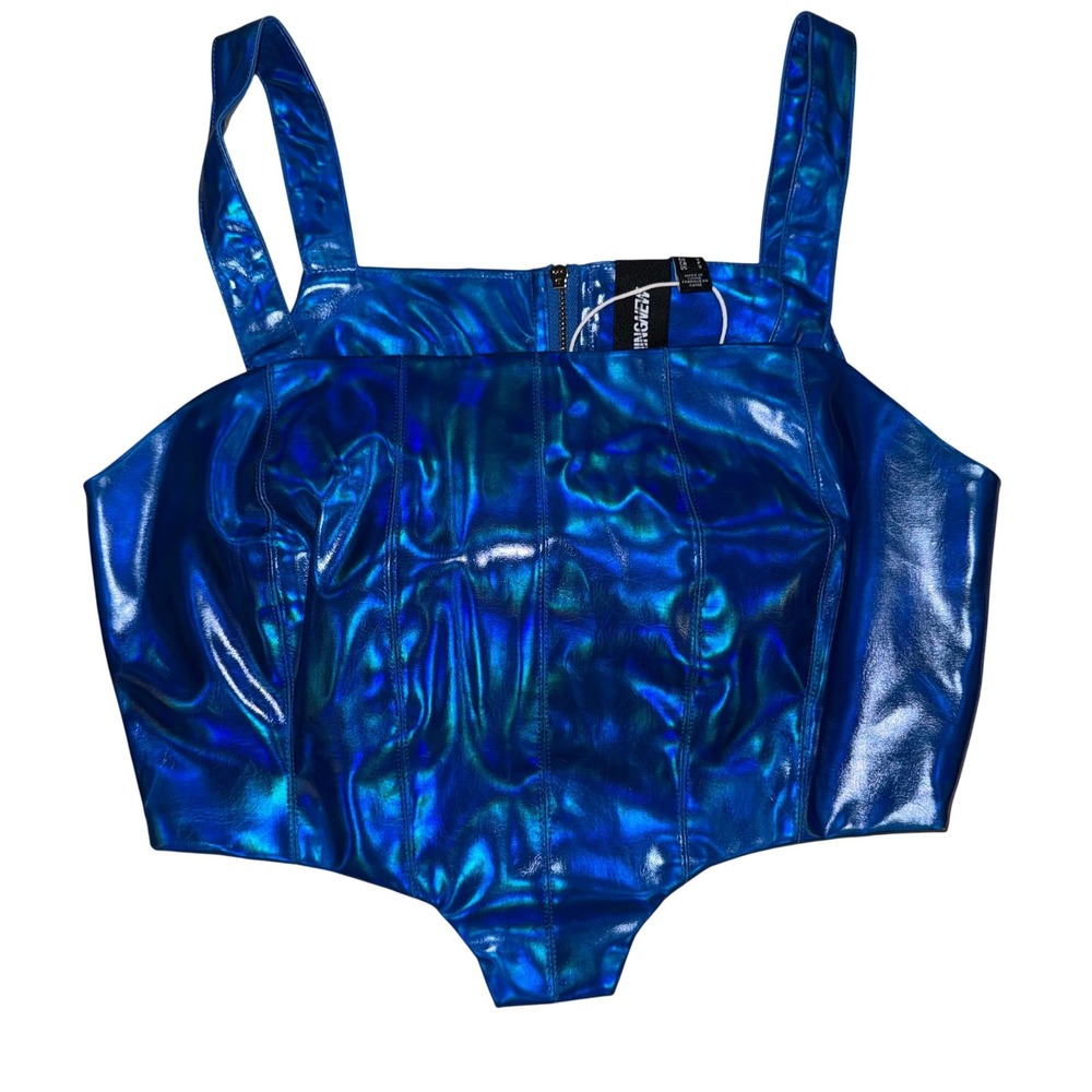 SOMETHINGNEW Blue Holographic Faux Leather Corset Top Strappy Zip‎